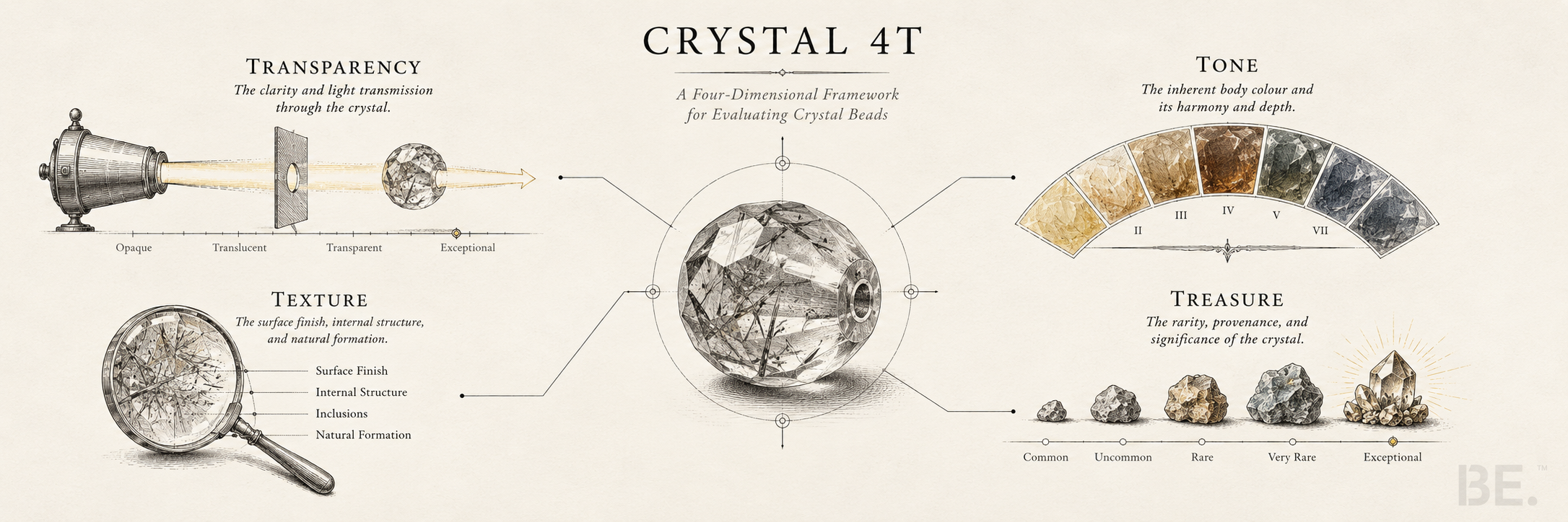 BE. Crystal 4T grading system — transparency, tone, texture and treasure