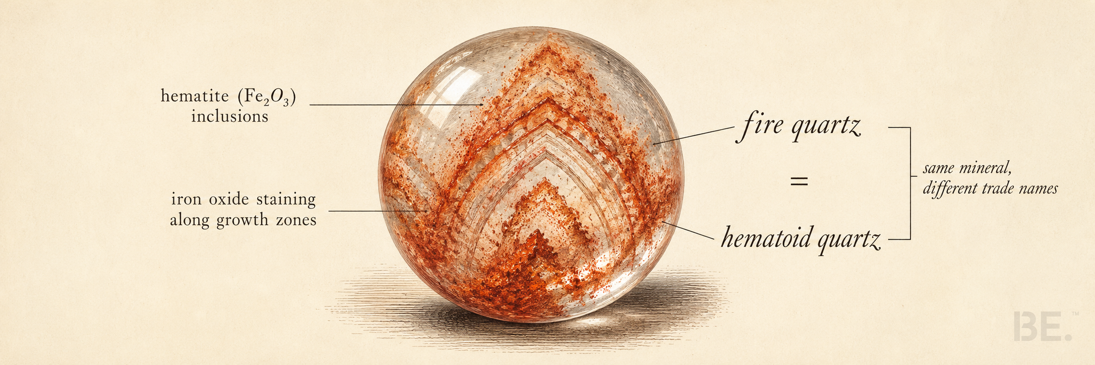 Fire quartz and hematoid quartz comparison showing they are the same iron-oxide-included stone