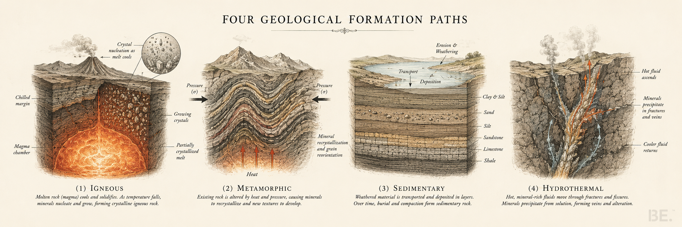 Four geological formation paths of crystals — igneous, metamorphic, sedimentary and hydrothermal