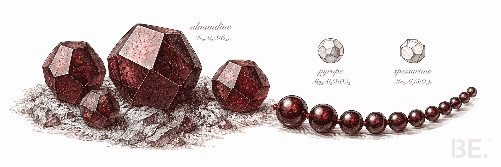 Deep red almandine garnet crystals and beads with garnet group end-members labelled