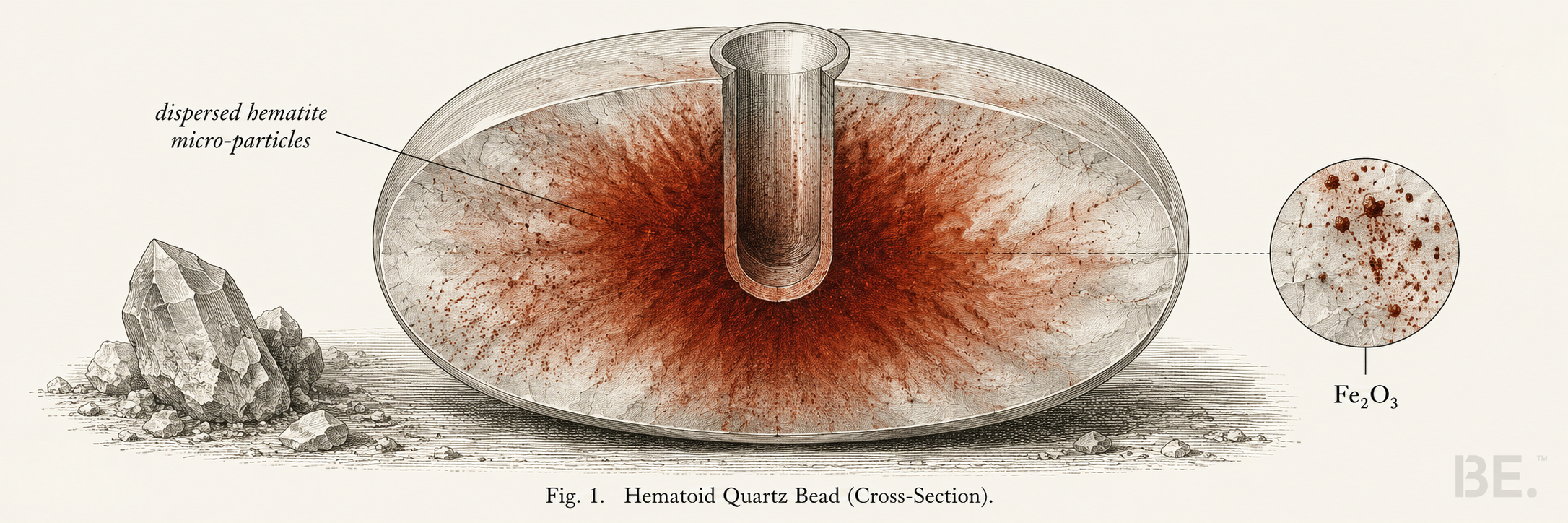 Hematoid quartz — iron oxide inclusions and grounding stone guide