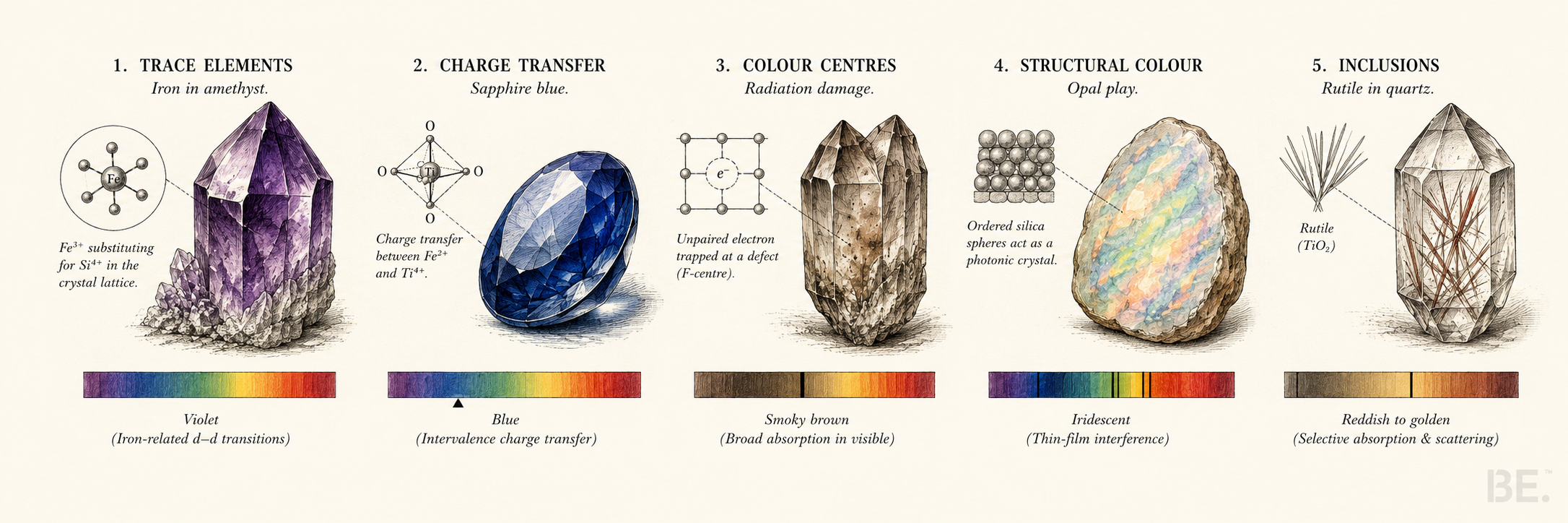 Five mechanisms that create crystal colours — trace elements, colour centres, inclusions, interference and charge transfer