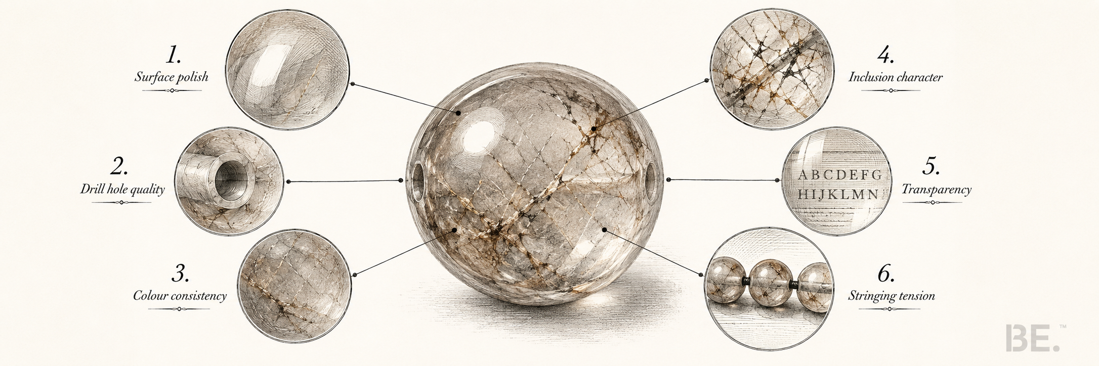 Six quality checkpoints for crystal jewellery — transparency, polish, stringing, clasp, bead consistency and inclusions