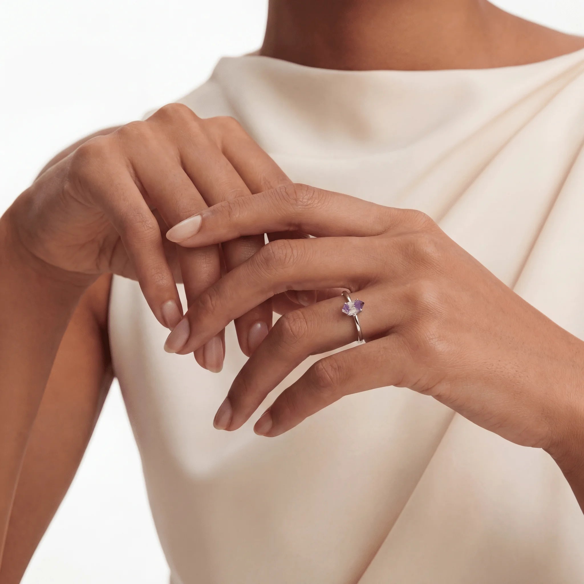 The Amethyst Formation, ring worn on finger, lifestyle model photo BE.