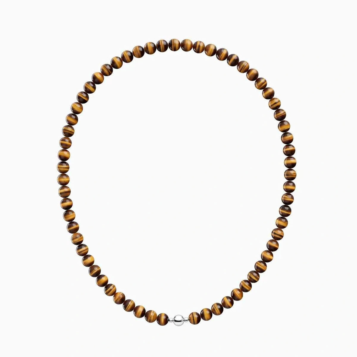 Golden-brown tiger’s eye bead necklace with a round silver-coloured clasp, full front view on a white background.