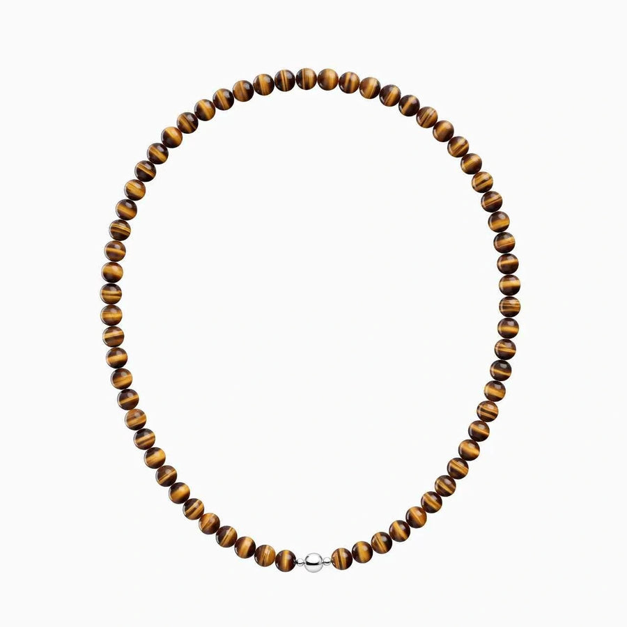 Golden-brown tiger’s eye bead necklace with a round silver-coloured clasp, full front view on a white background.