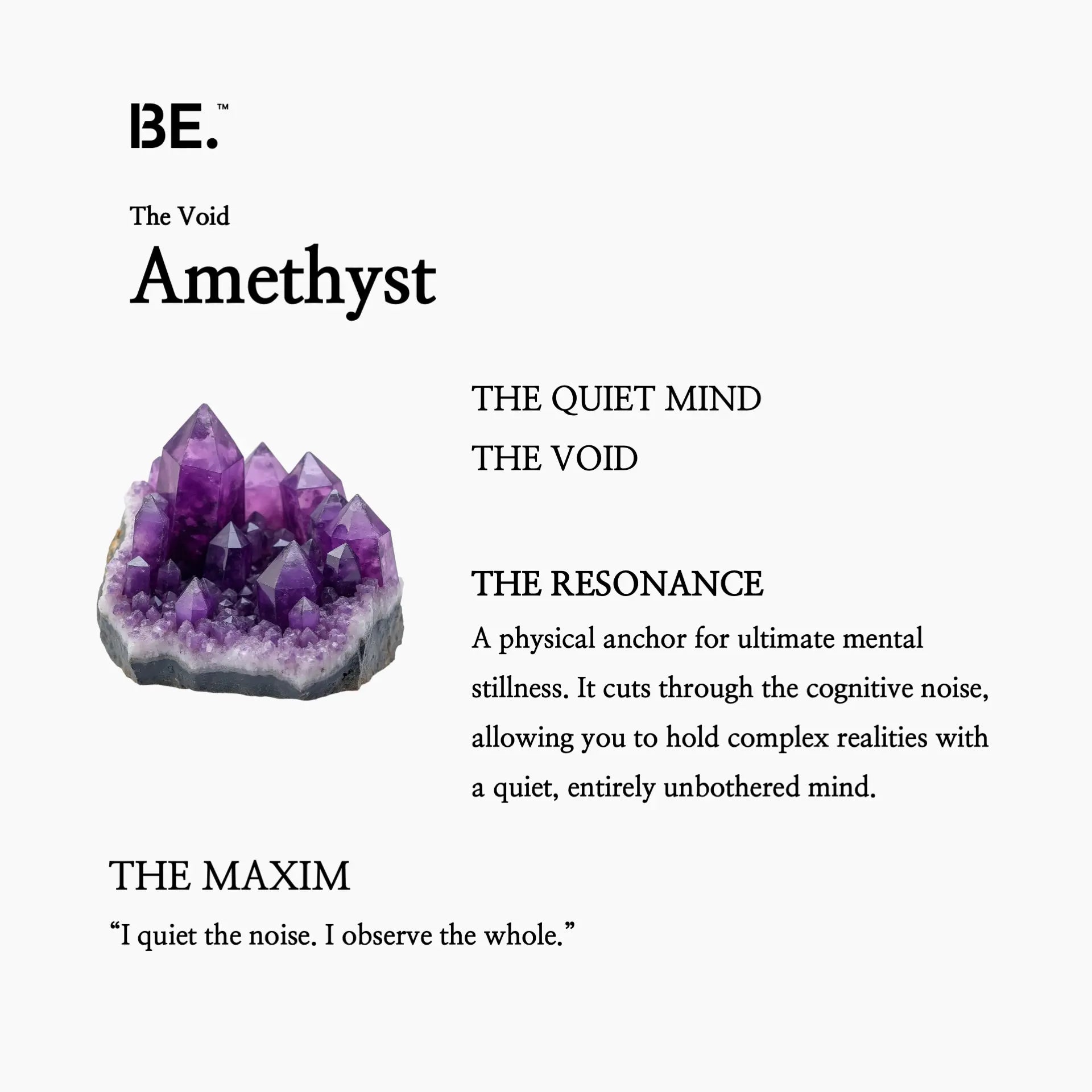 The Resonance Card for BE. Amethyst, detailing its connection to The Void collection and the quiet mind.
