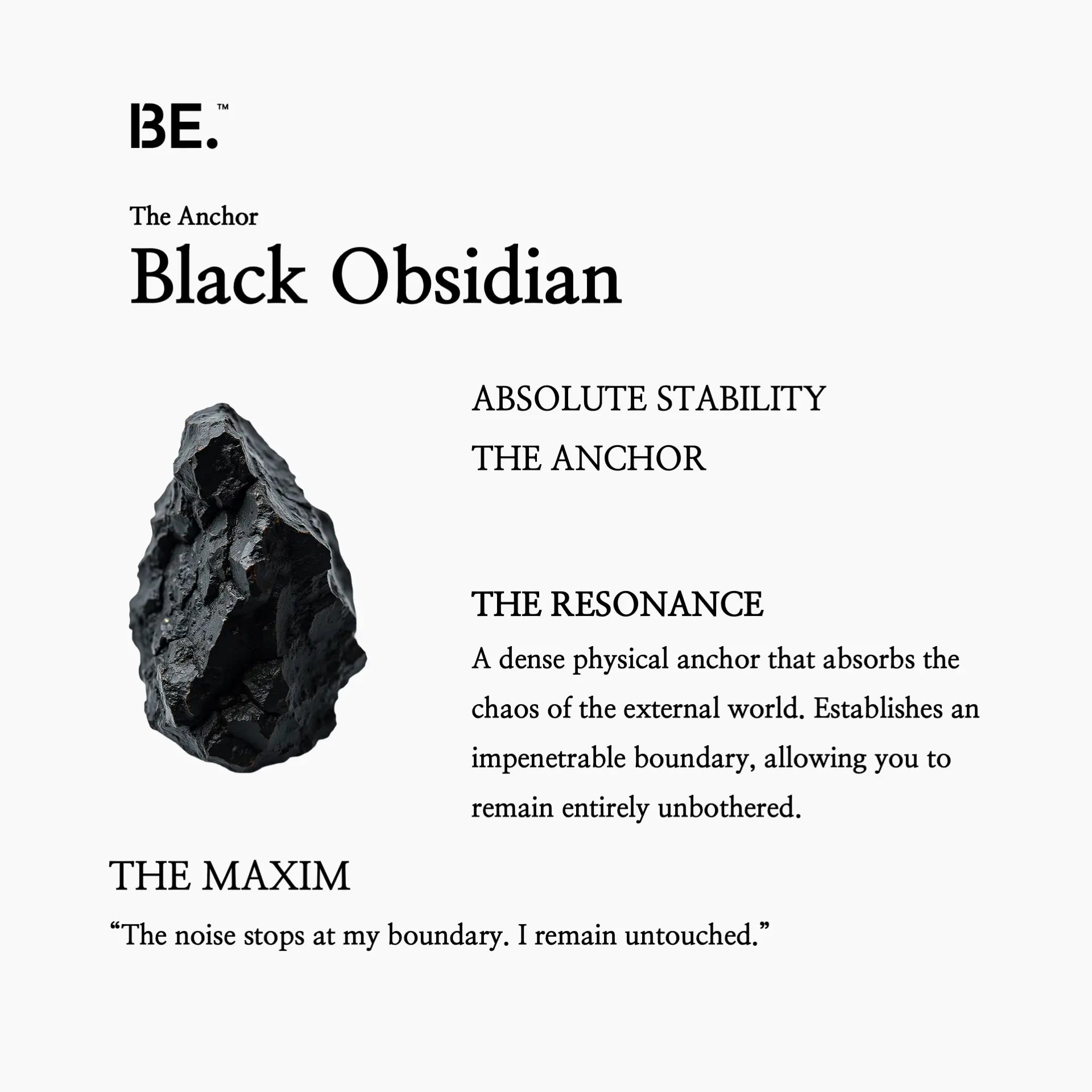 The Resonance Card for BE. Black Onyx, detailing its connection to The Anchor collection and absolute stability.