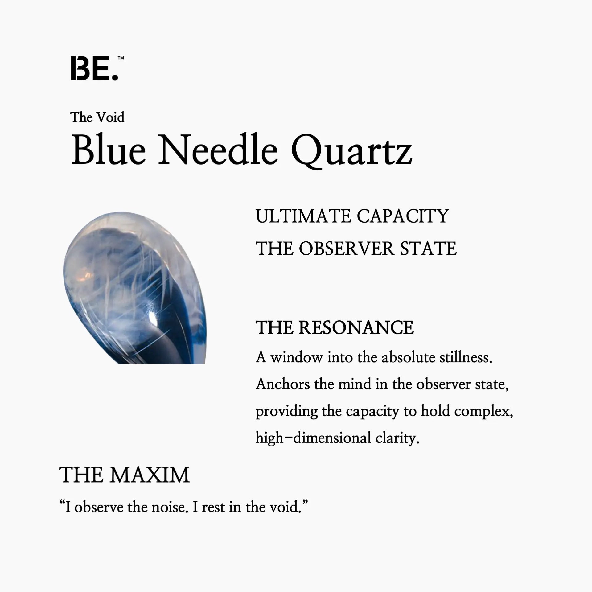 The Resonance Card for BE. Blue Needle Quartz, detailing its connection to The Void collection and ultimate capacity.