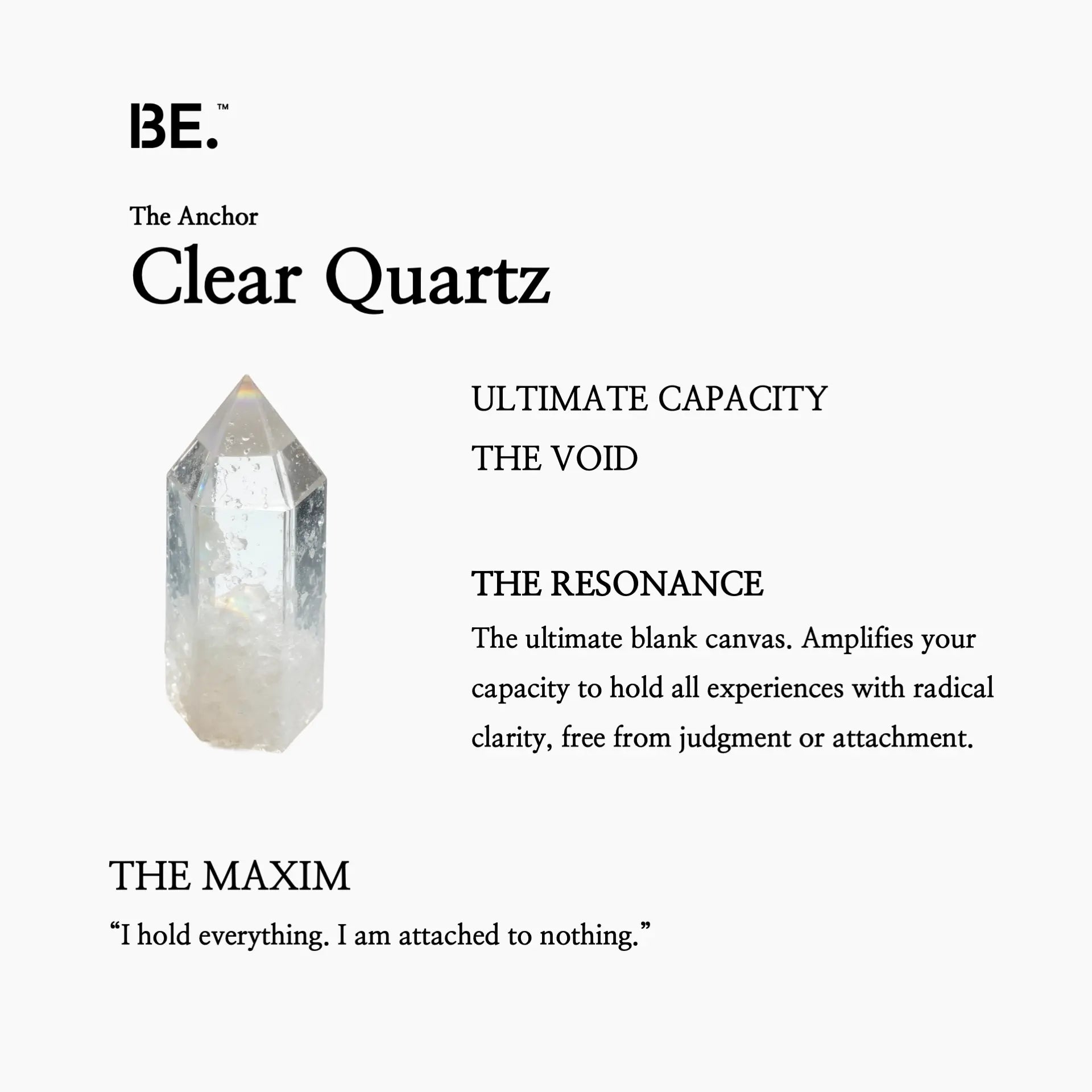 The Resonance Card for BE. Clear Quartz, detailing its connection to The Void collection and ultimate capacity.