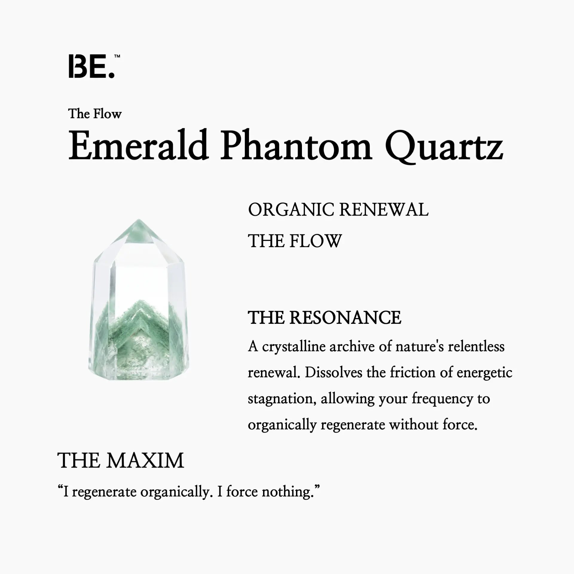 The Resonance Card for BE. Emerald Phantom Quartz, detailing its connection to The Flow collection and organic renewal.**Golden Rutilated Quartz**