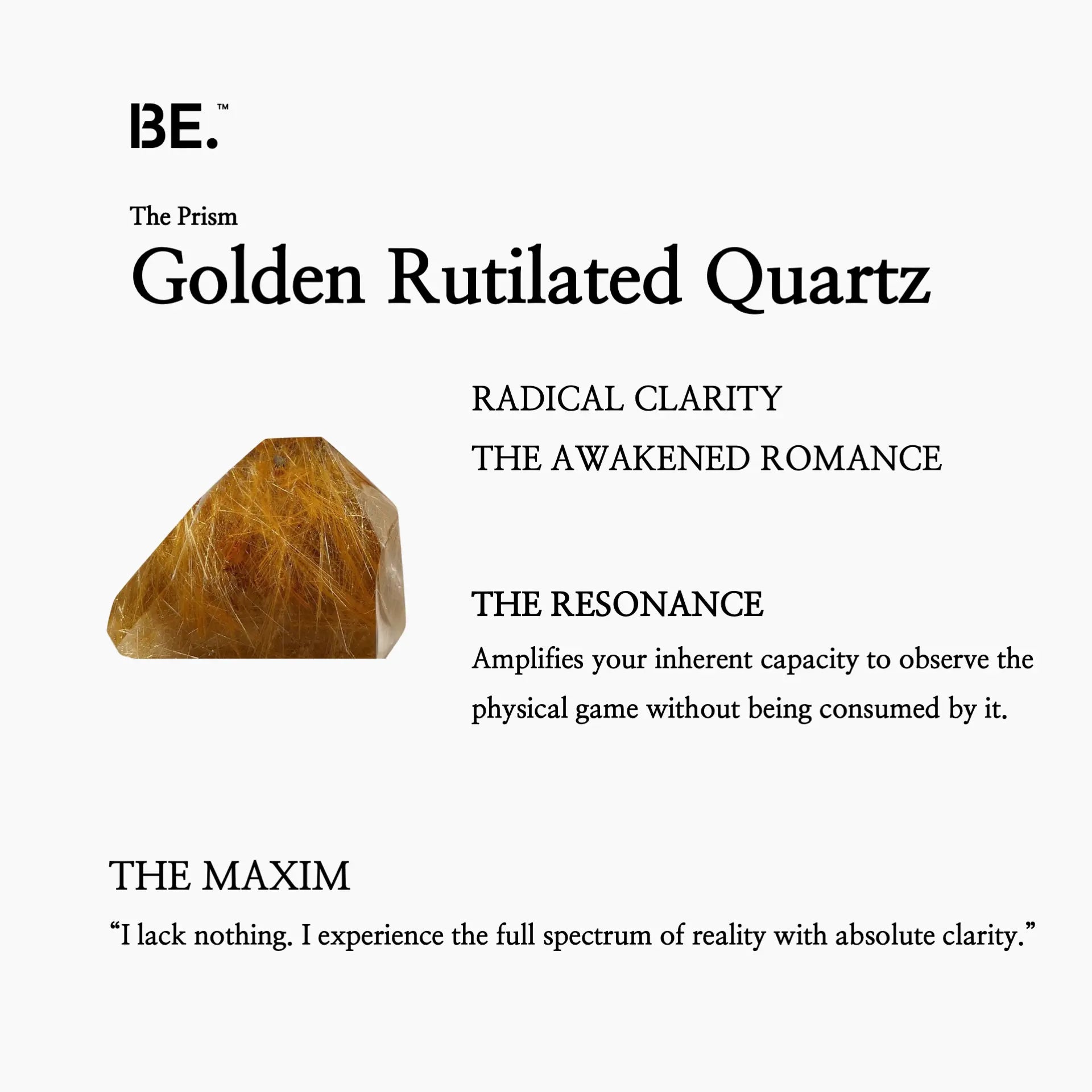 The Resonance Card for BE. Golden Rutilated Quartz, detailing its connection to The Prism collection and radical clarity.