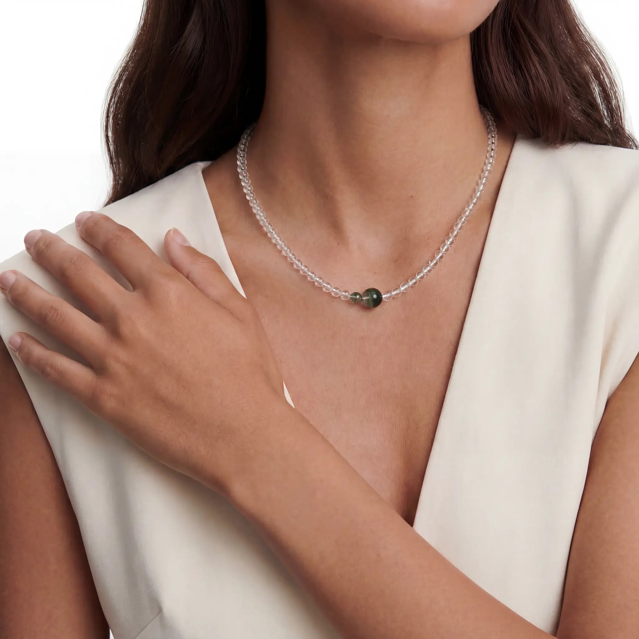 The Emerald Phantom Sequence — Tri-Wire Architecture, necklace on neck, lifestyle model photo BE.