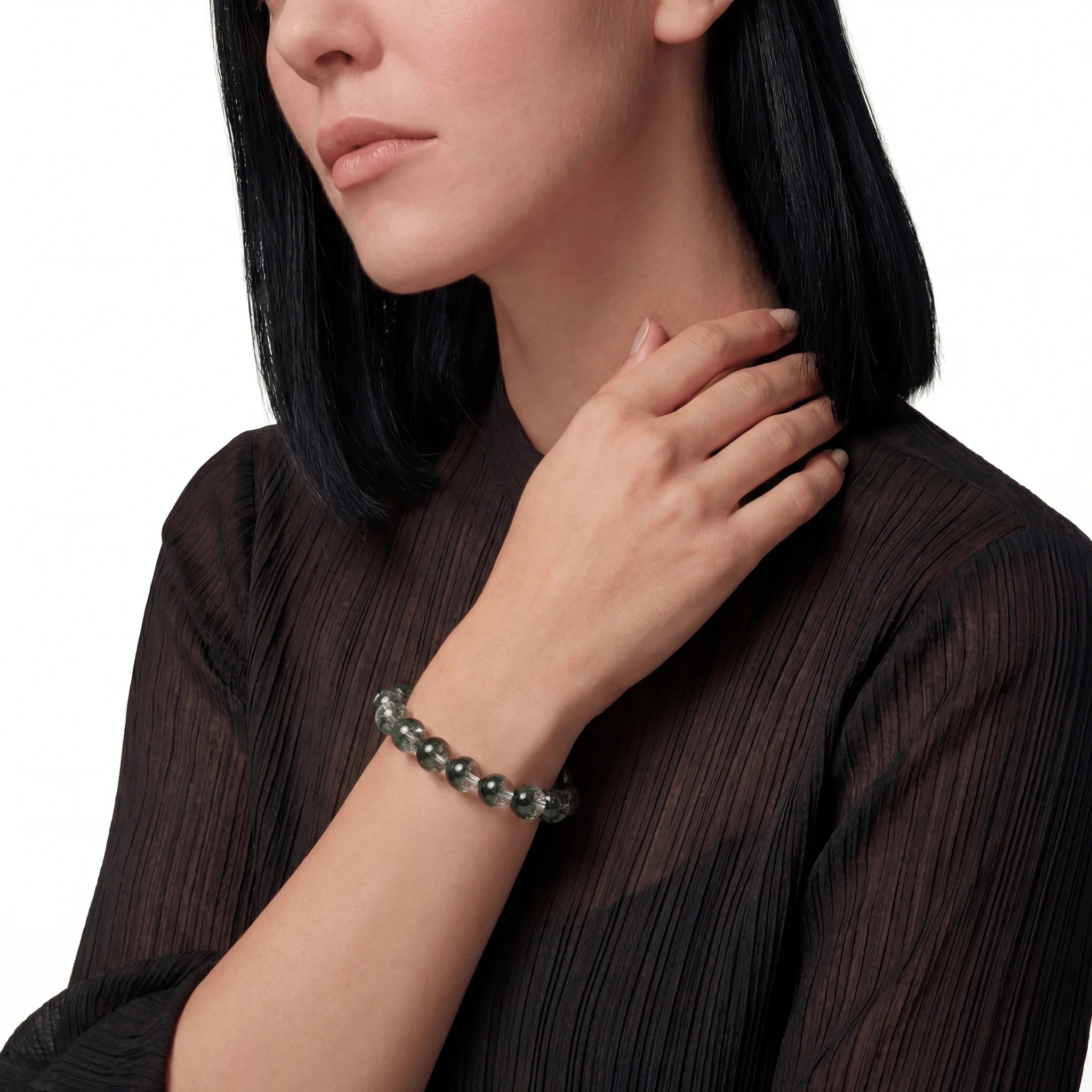 The Green Phantom Strand — Terrestrial Landscape, bracelet worn on wrist, lifestyle model photo BE.