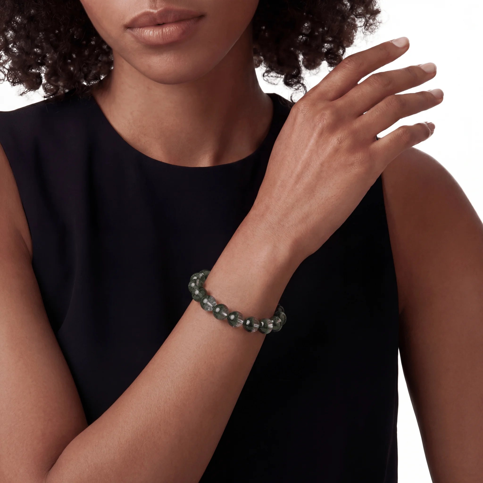 The Green Phantom Strand — Terrestrial Landscape, bracelet on wrist, lifestyle model photo BE.