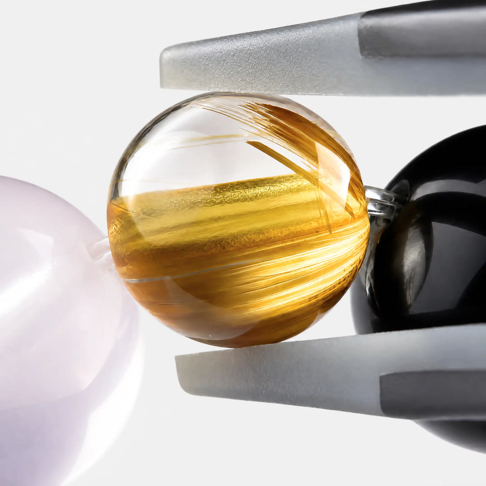 The Obsidian, Pink Quartz & Rutilated Quartz Bracelet, PDP close-up detail image 1.