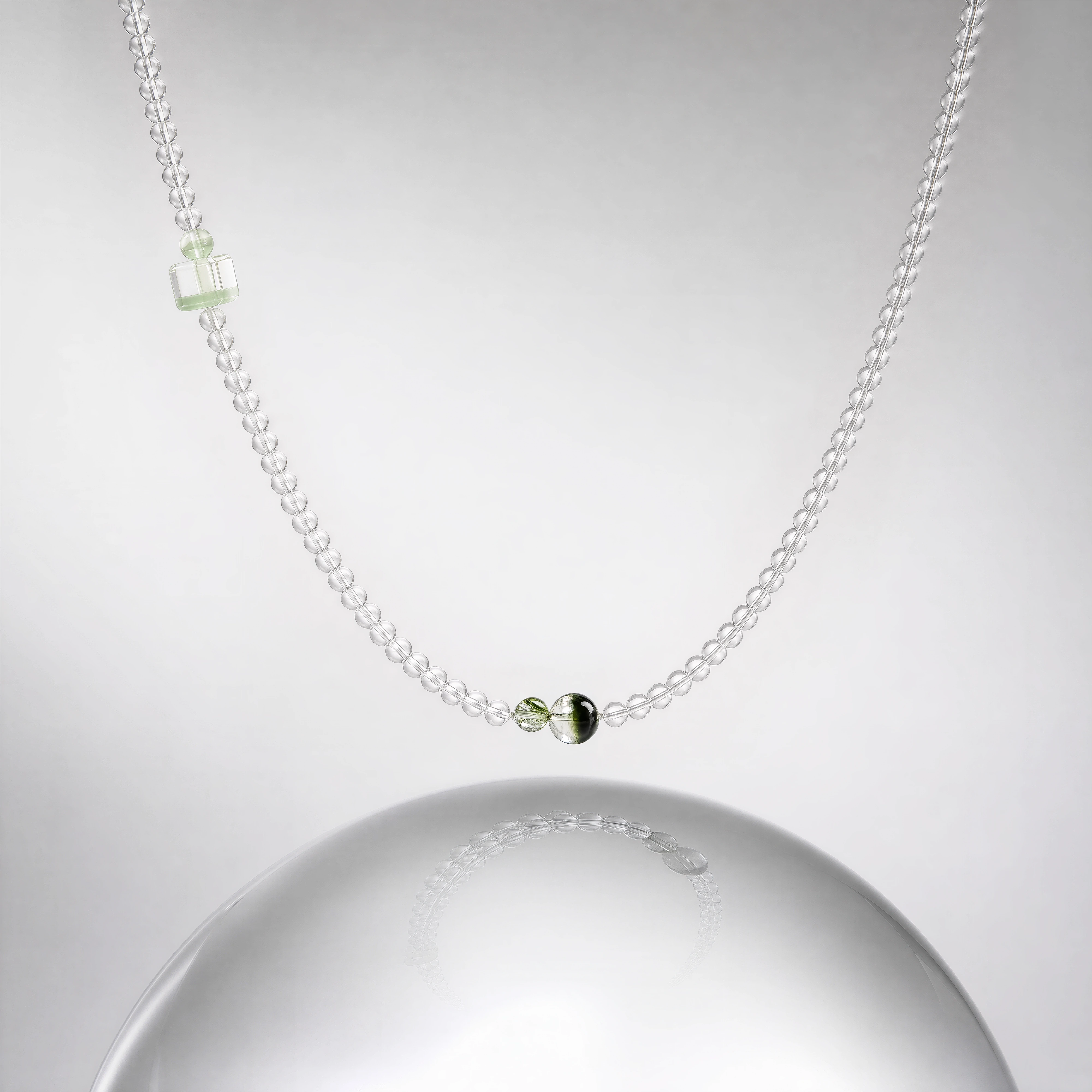 The Emerald Phantom Bracelet - Tri-Wire Architecture detail with clear quartz and green phantom accents, BE.