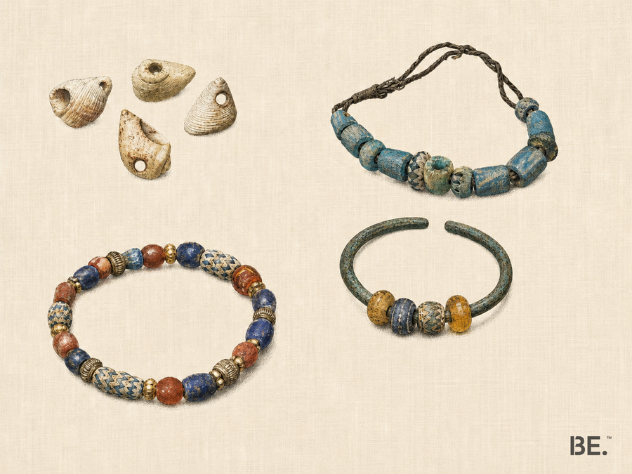A non-linear archaeological plate showing perforated shell ornaments, an Egyptian faience assembly with original string, a wrist-context bead bracelet and a glass-and-amber bangle as separate cases