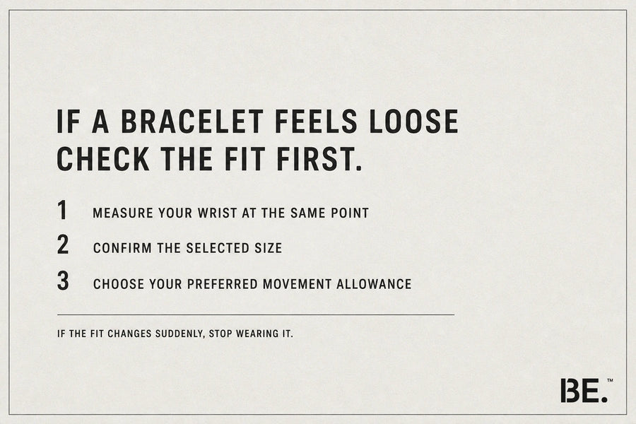 Bracelet fit checklist: measure the wrist, confirm the selected size and choose the preferred movement allowance — BE.