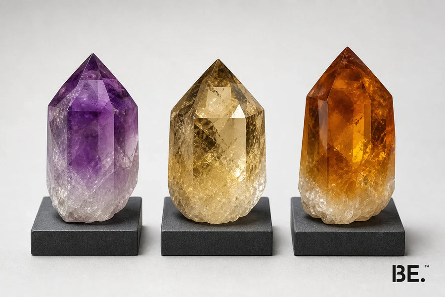 Amethyst, pale citrine and deeper orange-brown treated quartz crystal specimens — BE.