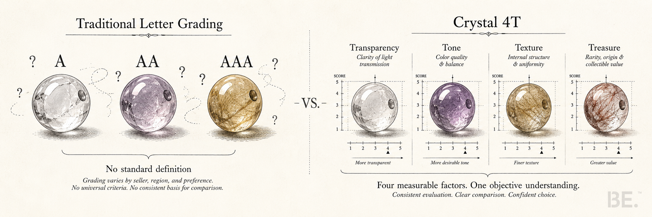 AAA crystal grading explained vs BE. Crystal 4T system comparison