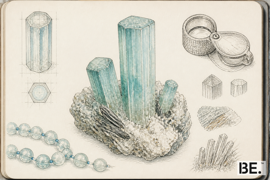 Aquamarine field-note plate with pale blue-green beryl crystals, a matrix specimen and drilled beads