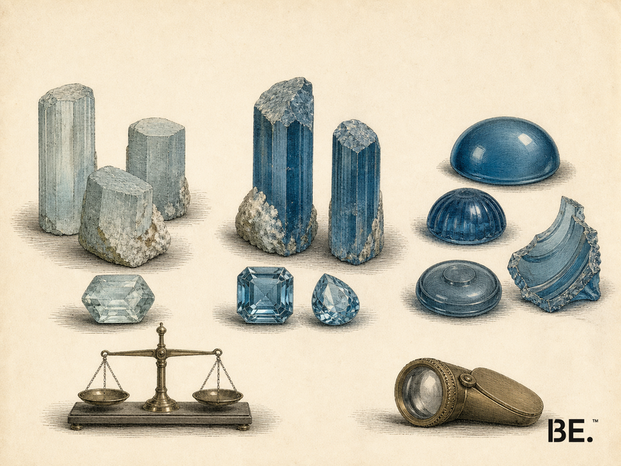 Illustrative comparison plate of three pale-blue material candidates representing aquamarine, blue topaz and blue glass.