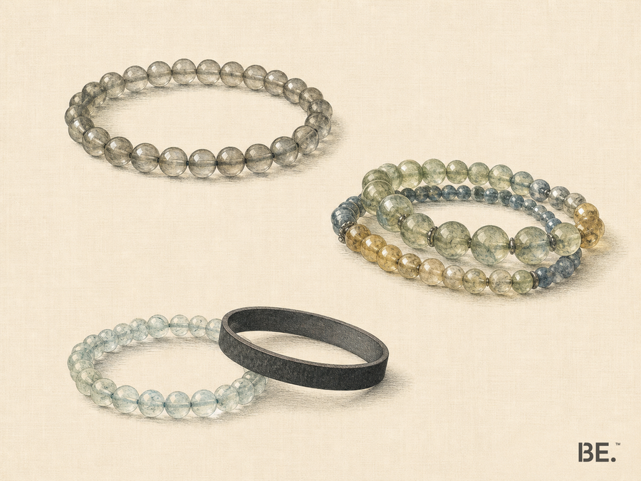 Hand-coloured mineralogical fashion plate with three separate bracelet arrangements: one restrained strand, one deliberate non-symmetrical stack and one colour-and-material contrast, without charts or popularity symbols.