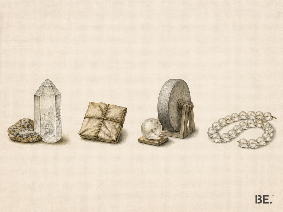 Vintage evidence-led supply-chain plate showing rough crystal, parcel, bead cutting stages and finished strand as separate unverified links