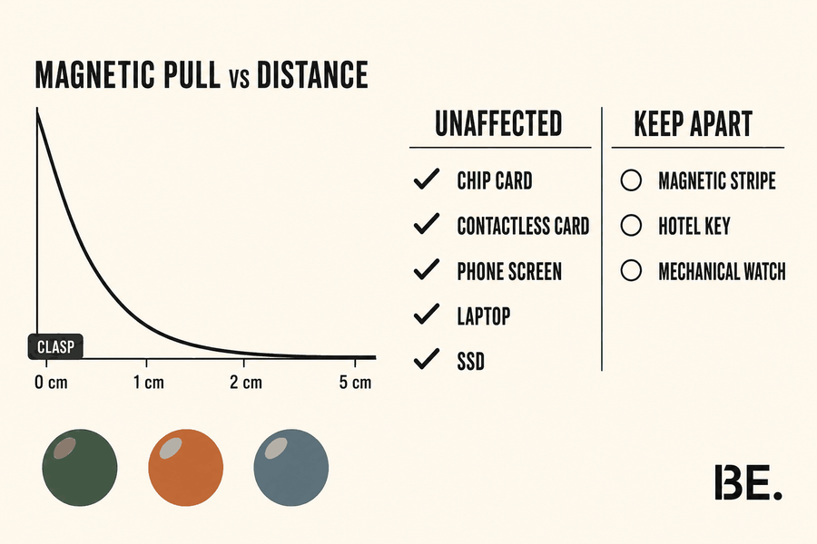 Chart showing how a bracelet clasp magnet's pull falls away with distance, beside a list of everyday objects marked safe or worth separating — BE.