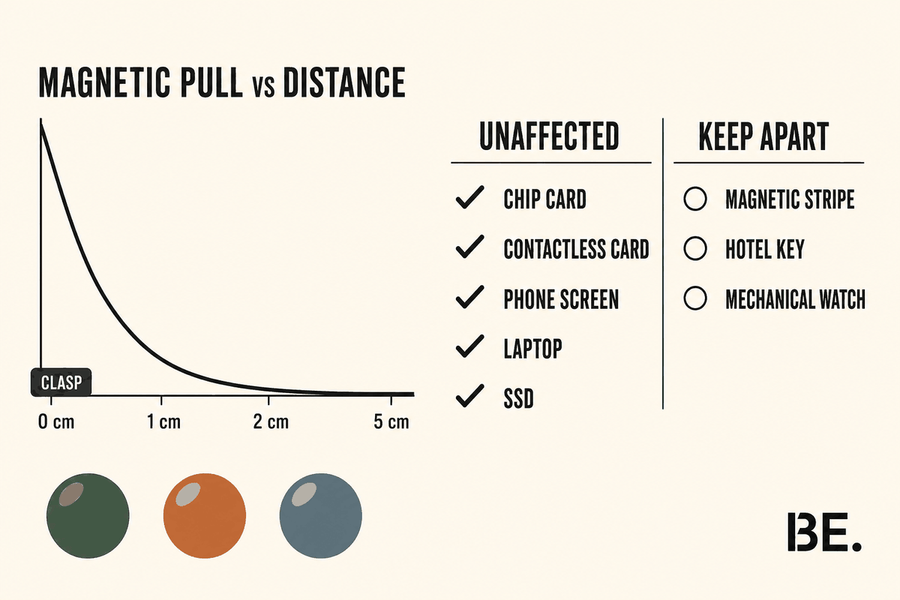 Chart showing how a bracelet clasp magnet's pull falls away with distance, beside a list of everyday objects marked safe or worth separating — BE.