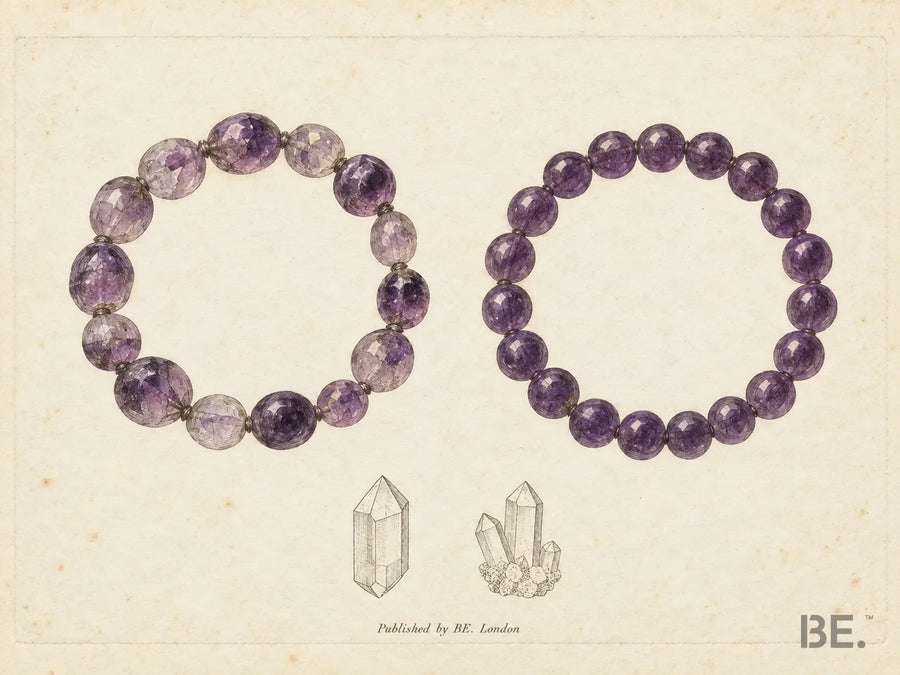 Two amethyst bead bracelets drawn side by side: one with uneven colour and polish, one with matched deep-violet beads of equal size