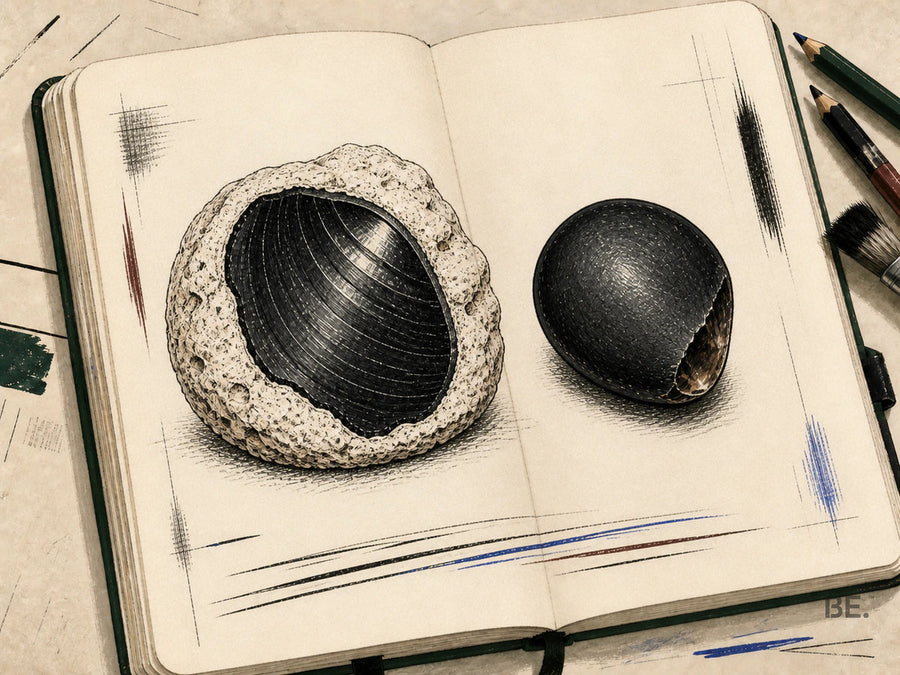 Field-notebook schematic of an obsidian remnant core in a hydrated perlitic setting.