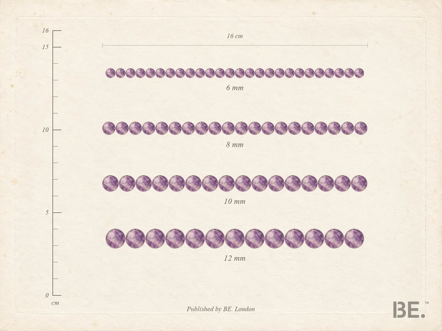 Four amethyst bead strands of 6 mm, 8 mm, 10 mm and 12 mm drawn to the same scale beside a 16 cm rule, showing how many beads fit a 16 cm wrist