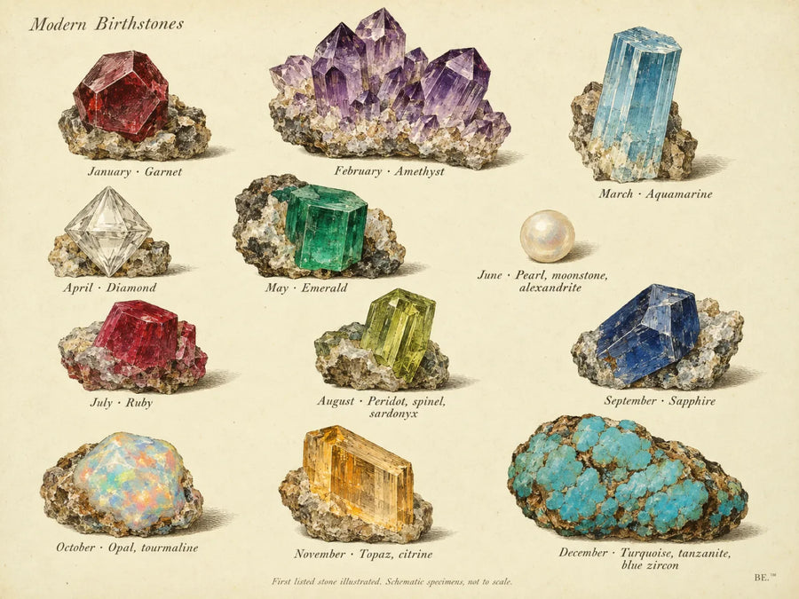 Birthstones by month: twelve mineral specimens from garnet to turquoise, drawn as a hand-coloured mineralogy plate