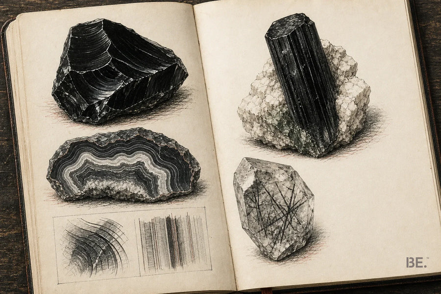Field-notebook studies of obsidian fracture, black tourmaline, banded chalcedony and black-needle quartz — BE.
