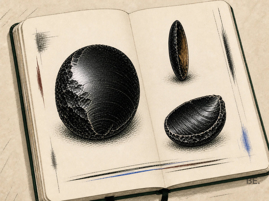 Field-notebook illustration of black obsidian showing dark body colour and brown edge transmission.