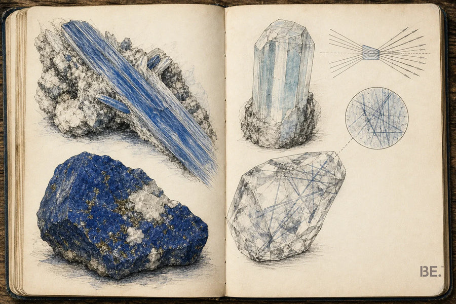 Field-notebook studies of kyanite, lapis-like rock, pale beryl and blue-needle quartz — BE.