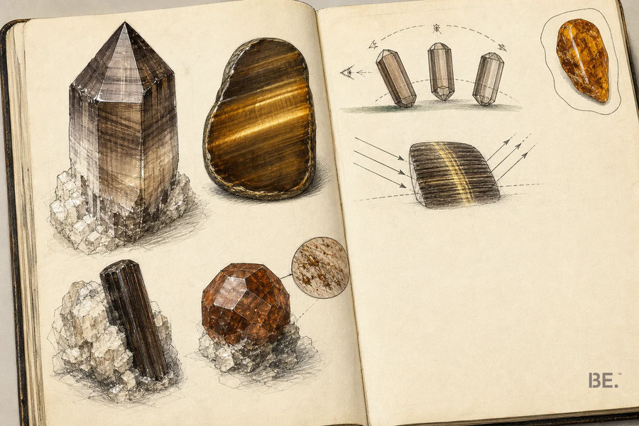 Field-notebook studies of smoky quartz, tiger's-eye, dravite, hessonite and amber as a separate organic gem — BE.