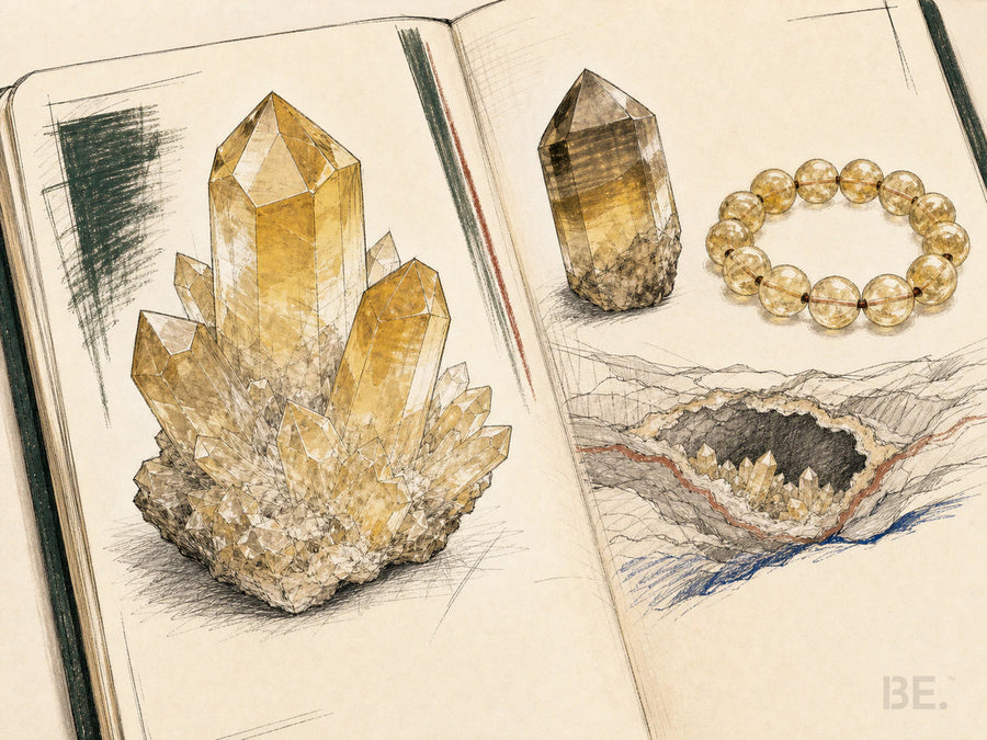 Field-notebook study of natural citrine crystal habit, pale body colour, a bracelet strand and a geological cavity — BE.