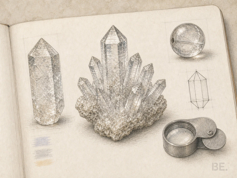 Field-notebook study of a clear quartz cluster, terminated crystal, transparent bead, crystal habit and jeweller’s loupe