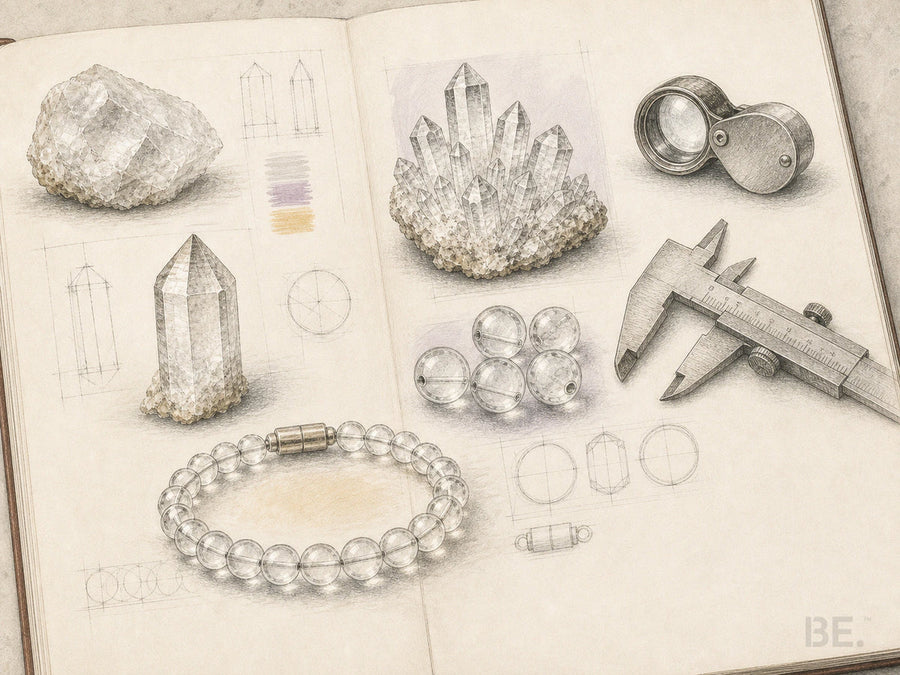 Field-notebook comparison of clear quartz rough, a natural point, cluster, calibrated beads, bracelet, loupe and calipers