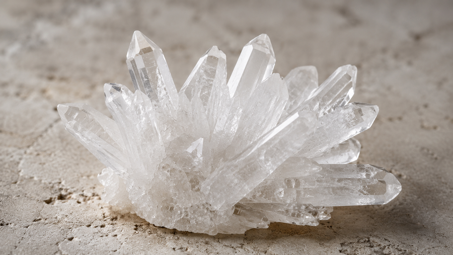Natural clear quartz cluster showing prismatic terminations and high optical clarity in silicon dioxide