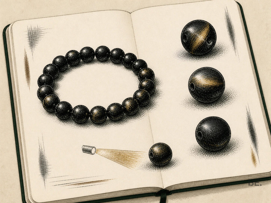 Field-notebook study of a gold sheen obsidian bracelet and loose beads rotated beneath a directional lamp