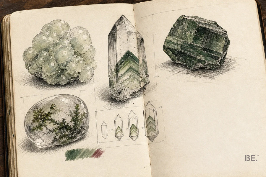 Field-notebook studies of prehnite, green phantom quartz, a green crystal and moss-like inclusions — BE.