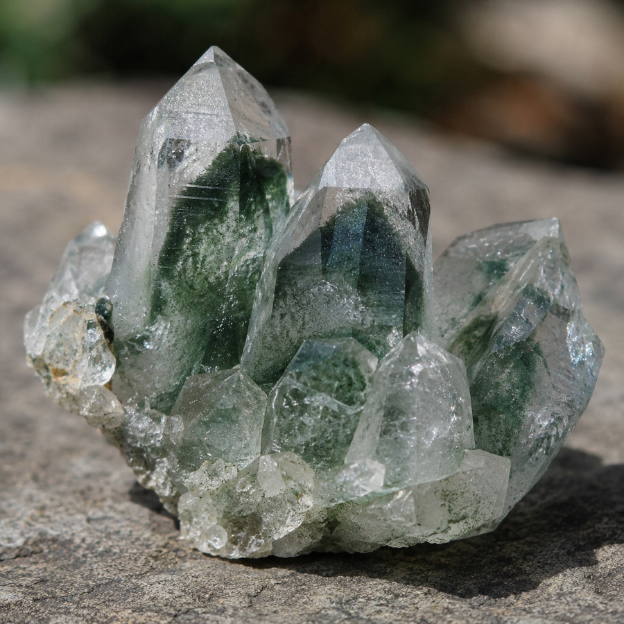 Green phantom quartz cluster showing chlorite inclusions tracing earlier growth stages inside clear quartz