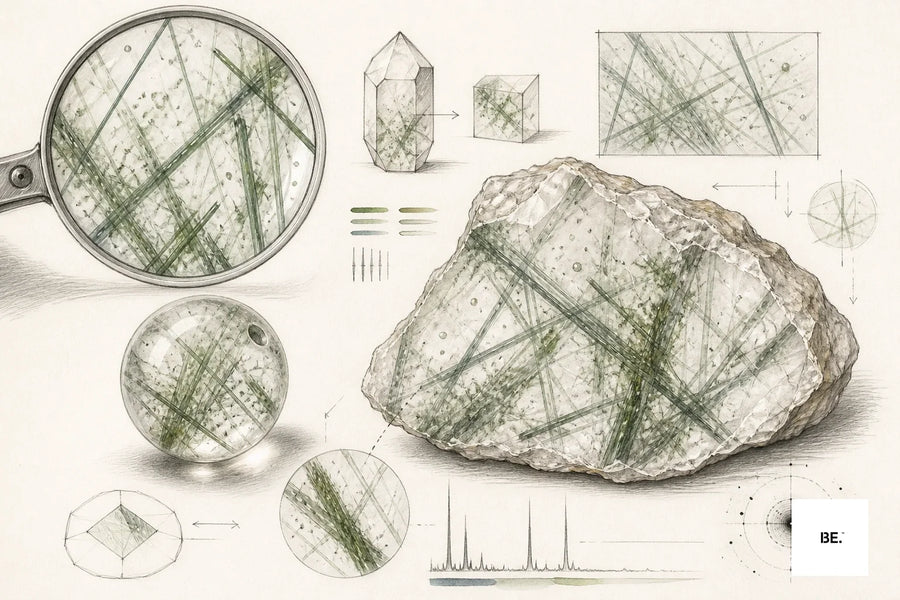 Green inclusions suspended inside quartz, illustrating the evidence boundary between trade name and mineral identity