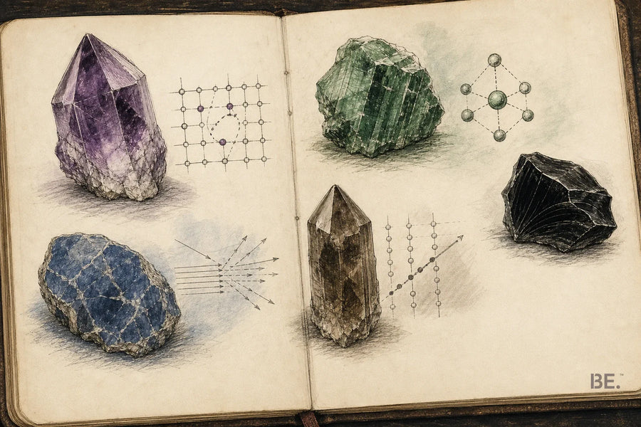 Field-notebook studies of purple, green, blue, smoky and black minerals with colour-mechanism sketches — BE.