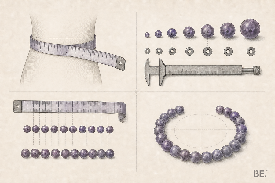 Wrist measurement, bead diameters and bead-count layout for bracelet sizing — BE.