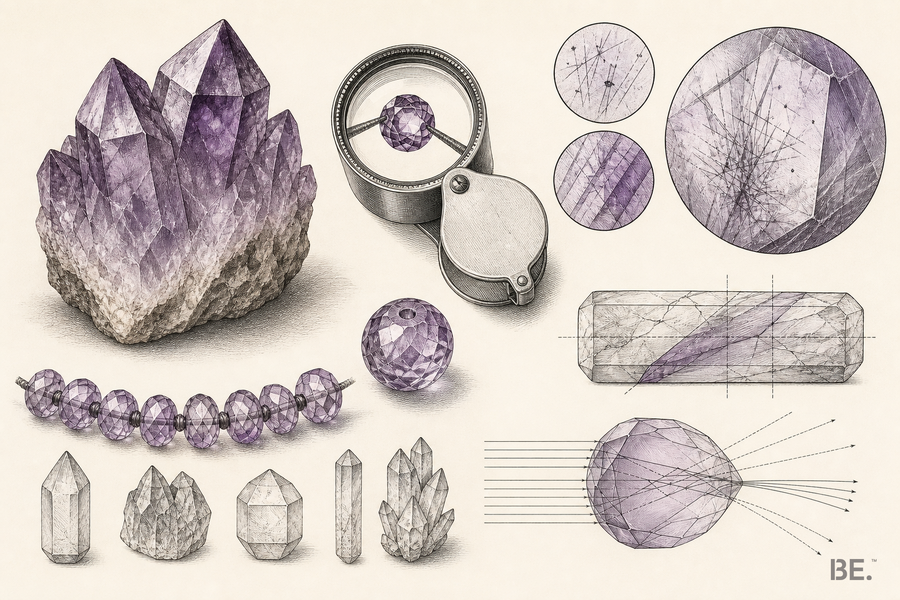 Quartz specimens, loupe, inclusions and refraction studied through material evidence — BE.